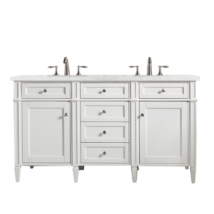 Brittany 60" Double Vanity, Bright White Vanity w/ 3 CM Eternal Jasmine Pearl Silestone Top