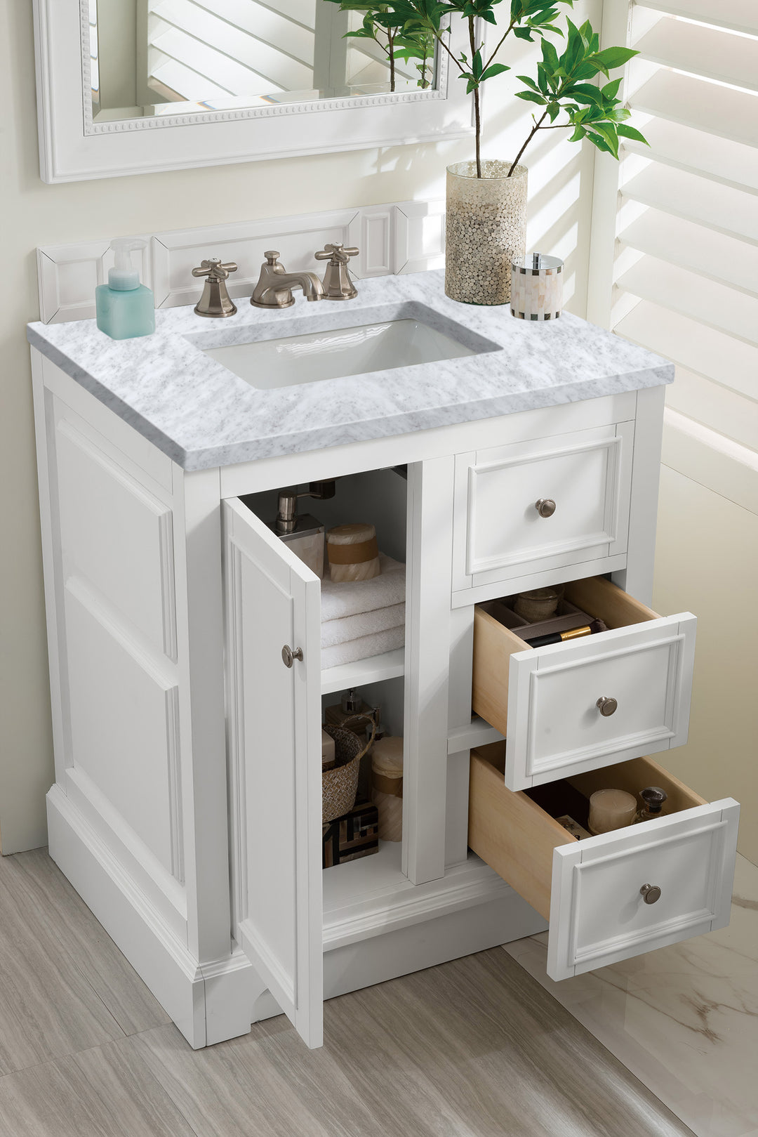 De Soto 30" Single Vanity, Bright White w/ 3 CM Carrara Marble Top