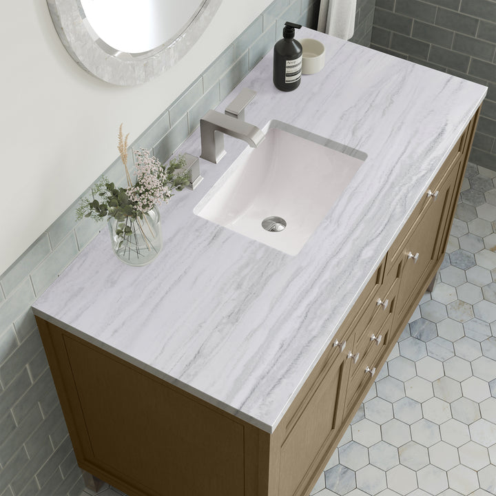 Chicago 48" Single Vanity, Walnut Whisper, w/ 3 CM Arctic Fall Solid Surface Top