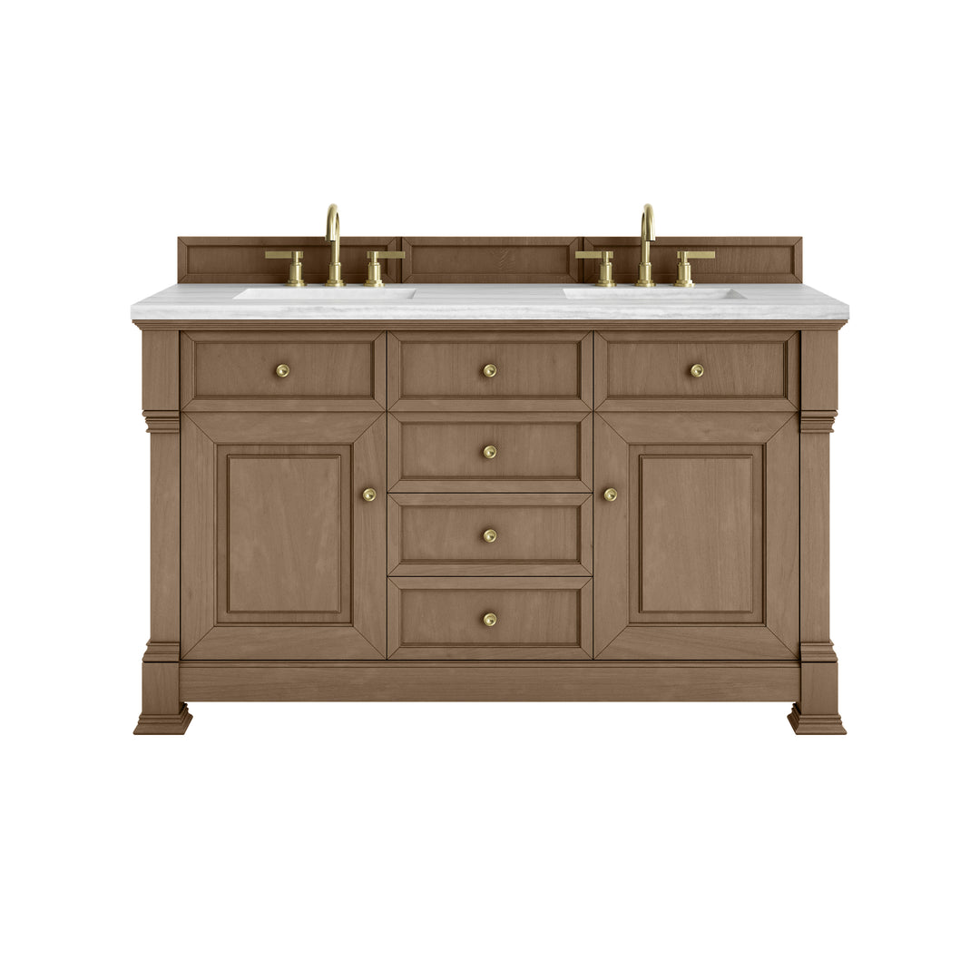 Brookfield 60" Double Vanity, Pecan w/ 3 CM Arctic Fall Solid Surface Top