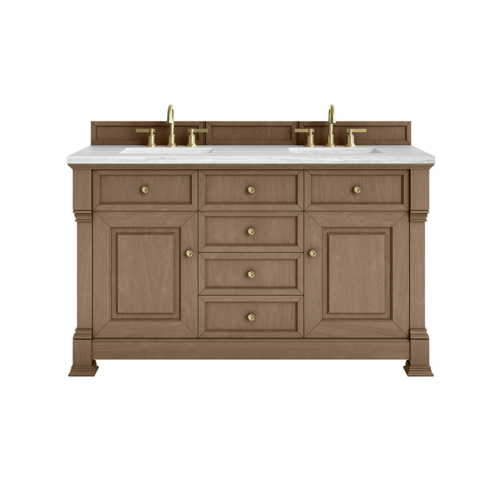 Brookfield 60" Double Vanity, Pecan w/ 3 CM Arctic Fall Solid Surface Top