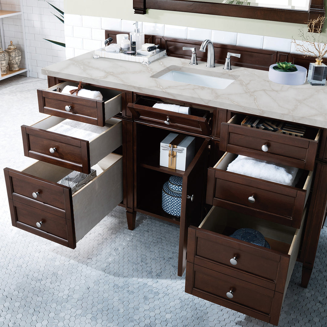 Brittany 60" Single Vanity, Burnished Mahogany w/ 3 CM Victorian Silver Silestone Top