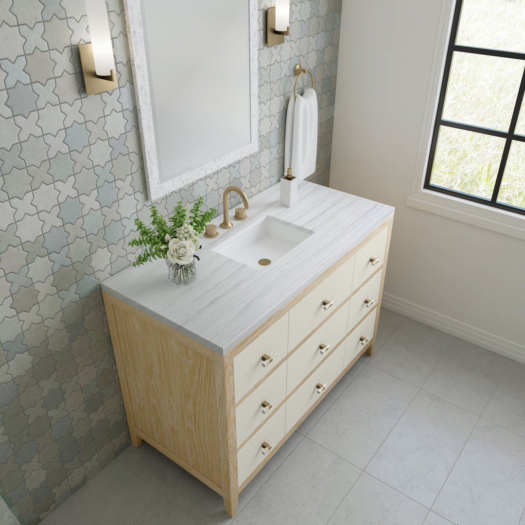 Celeste 48" Single Vanity, Sunwashed Oak with Embossed Shagreen w/ 3 CM Arctic Fall Solid Surface Top