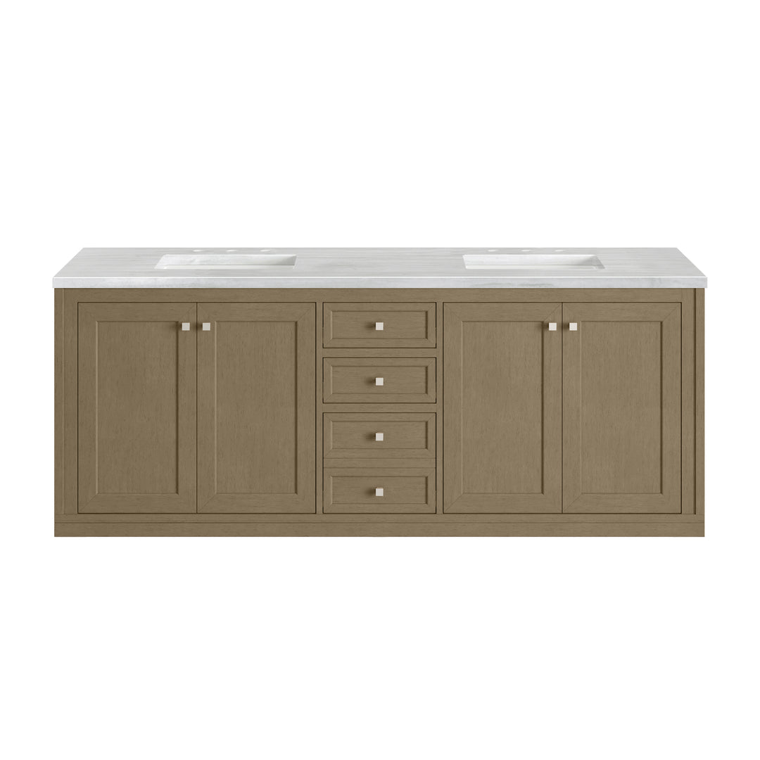 Chicago 72" Double Vanity, Walnut Whisper, w/ 3 CM Arctic Fall Solid Surface Top