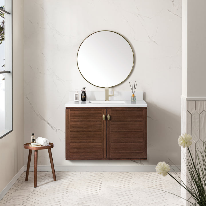 Amberly 36" Single Vanity, Mid-Century Walnut w/ Single Hole 3 CM White Zeus Top & Backsplash