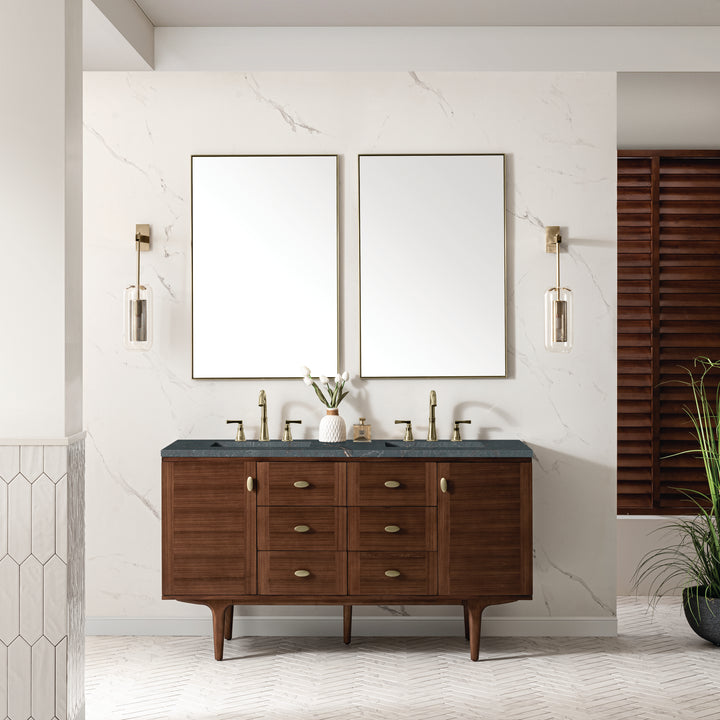 Amberly 60" Double Vanity, Mid-Century Walnut w/ 3 CM Parisien Bleu Top w/FreePower Wireless Charger