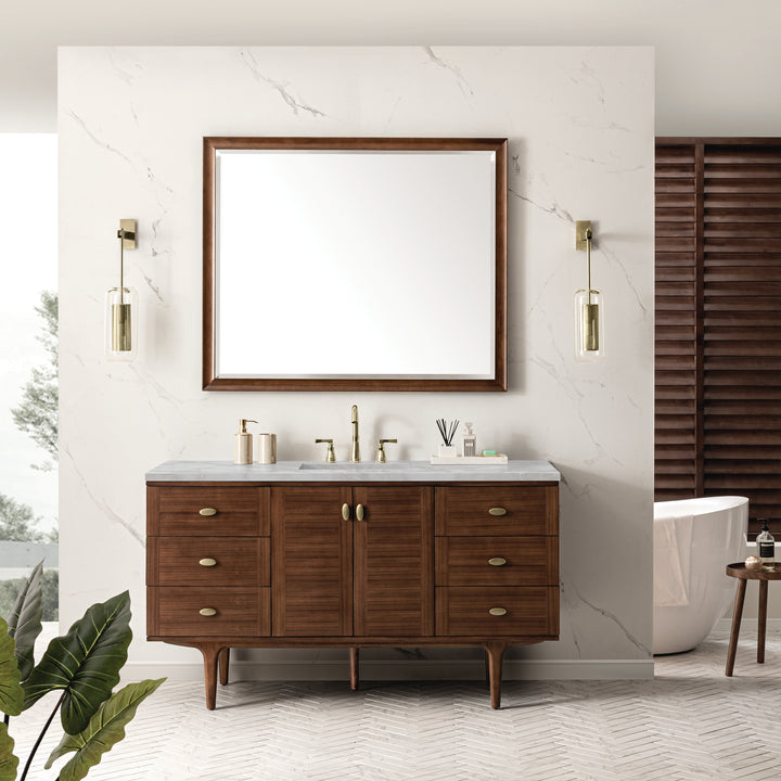 Amberly 60" Single Vanity, Mid-Century Walnut w/ 3 CM Victorian Silver Top w/FreePower Wireless Charger