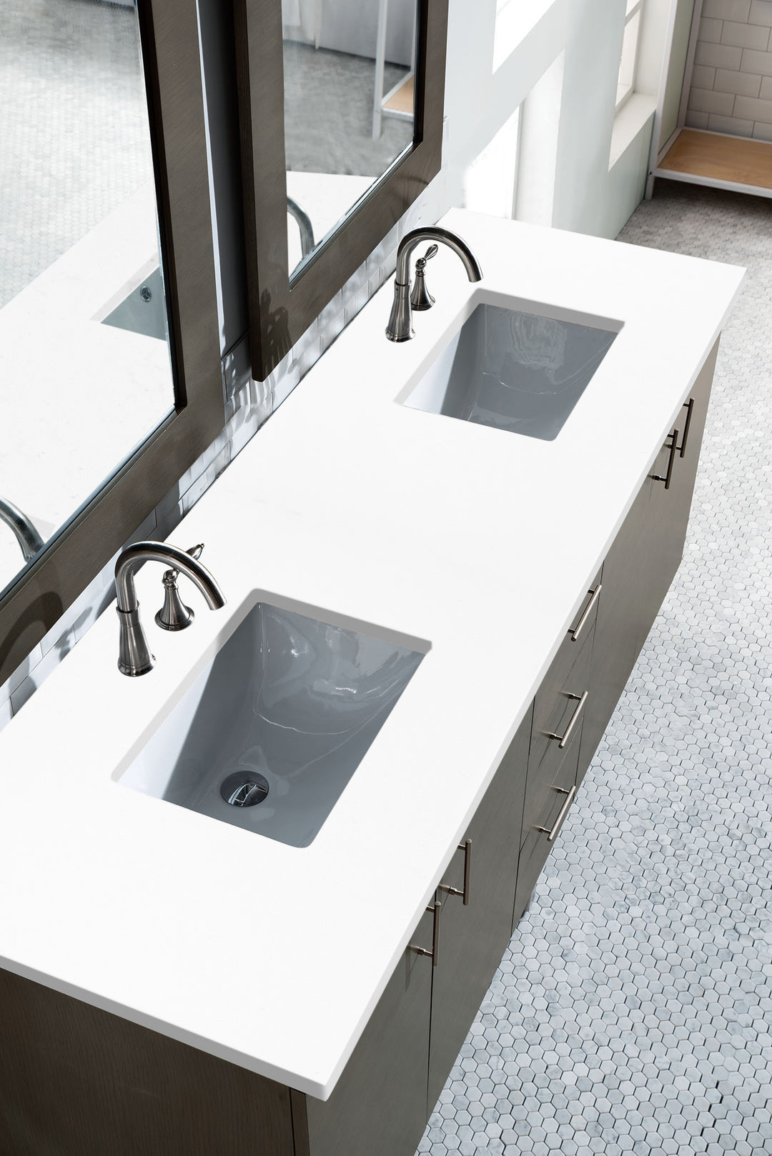 Metropolitan 72" Double Vanity, Silver Oak w/ 3 CM White Zeus Silestone Top