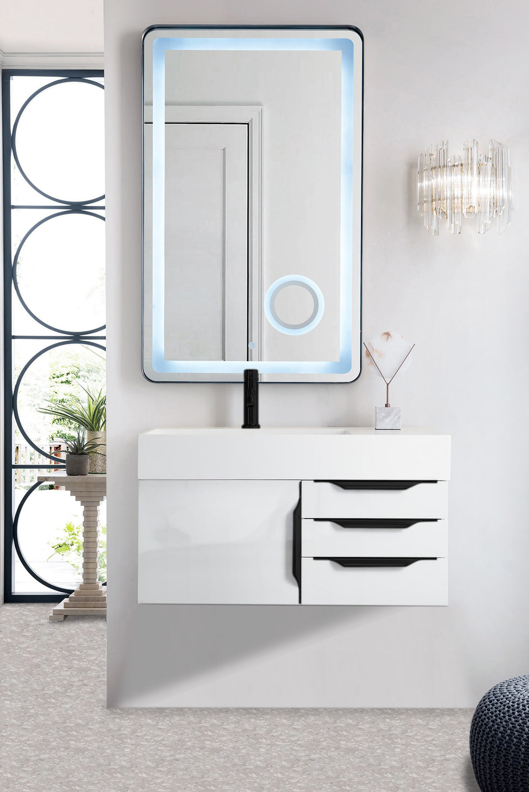 Columbia 36" Single Wall Mount Vanity, Glossy White, Matte Black w/ Glossy White Composite Stone Top