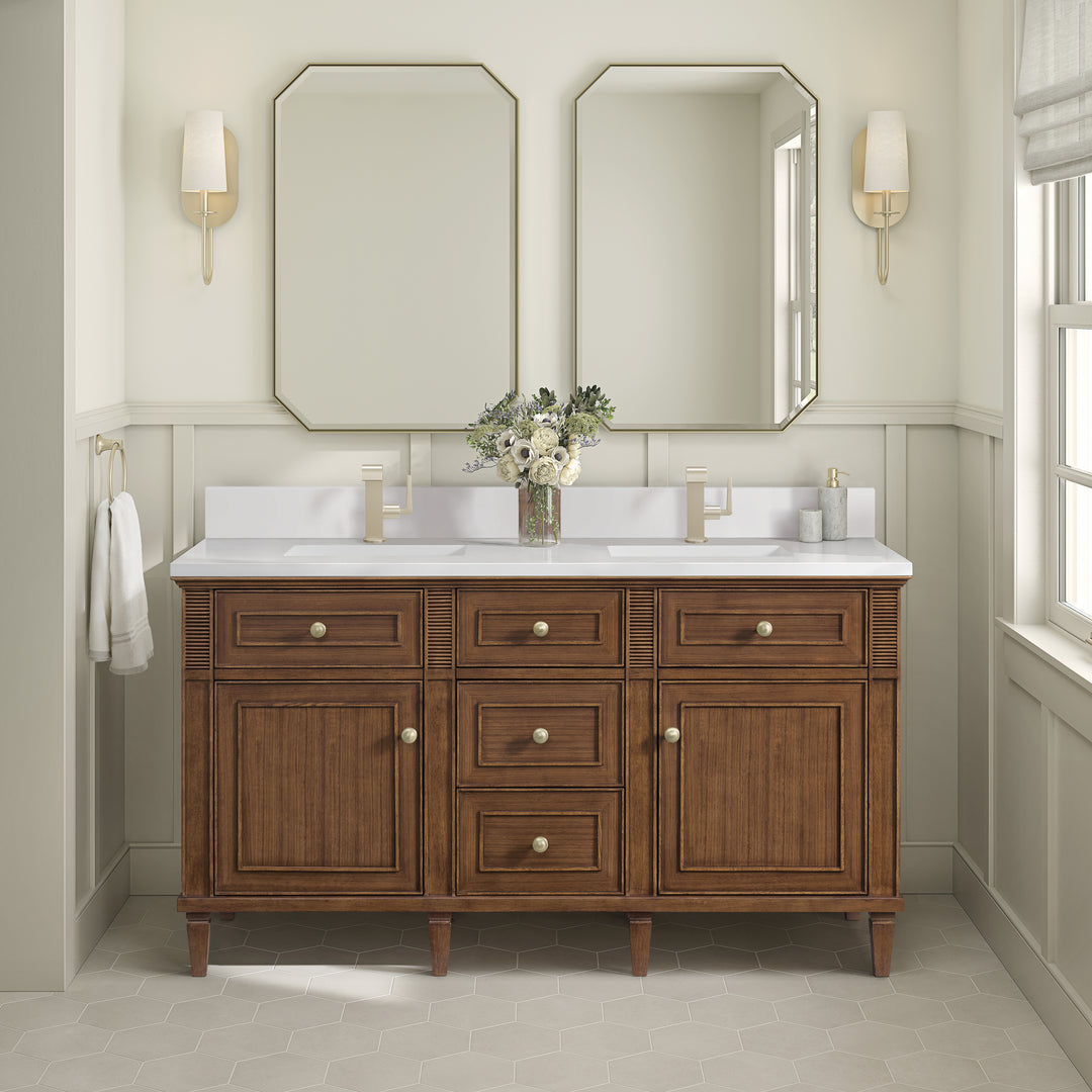 Lorelai 60" Double Vanity, Mid-Century Walnut w/ Single Hole 3 CM White Zeus Silestone Top & Backsplash