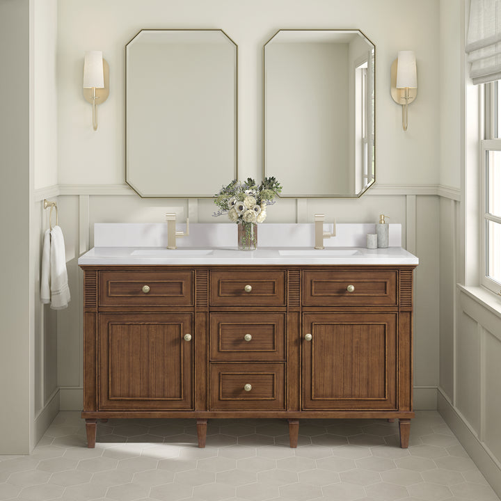 Lorelai 60" Double Vanity, Mid-Century Walnut w/ Single Hole 3 CM White Zeus Silestone Top & Backsplash