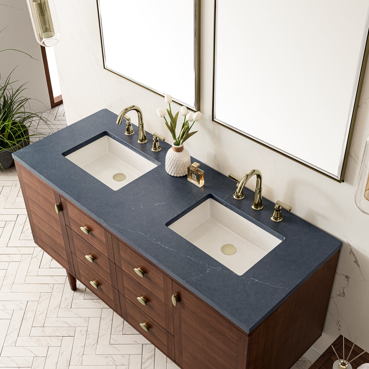 Amberly 60" Double Vanity, Mid-Century Walnut w/ 3 CM Charcoal Soapstone Top