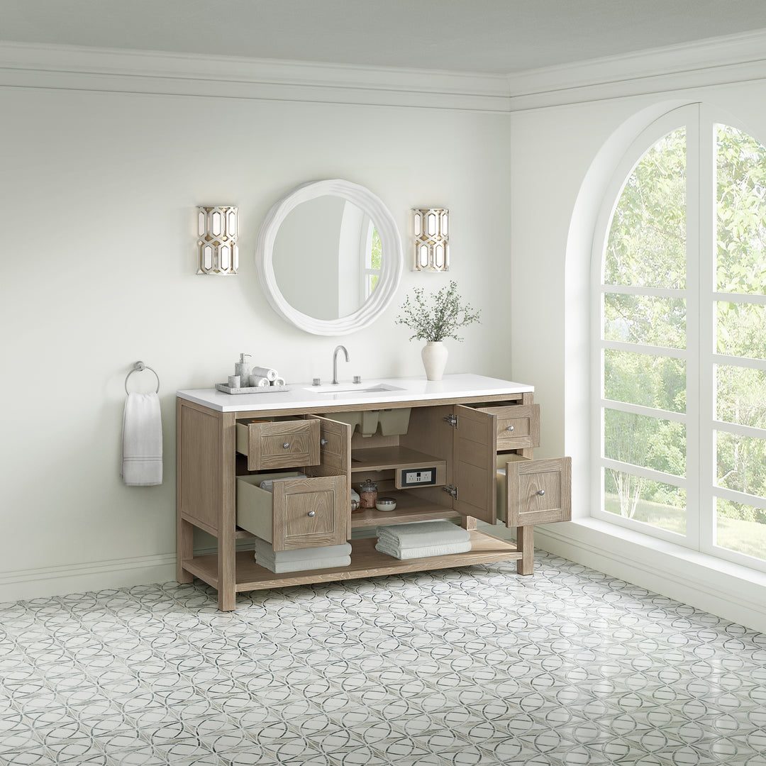 Breckenridge 60" Single Vanity, Whitewashed Oak, w/ 3 CM White Zeus Quartz Top