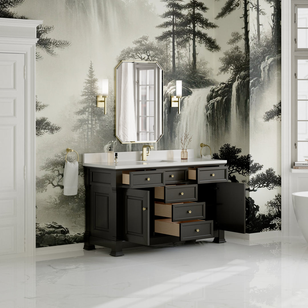 Brookfield 60" Single Vanity, Black Onyx w/ Single Hole 3 CM White Zeus Silestone® Top & Backsplash