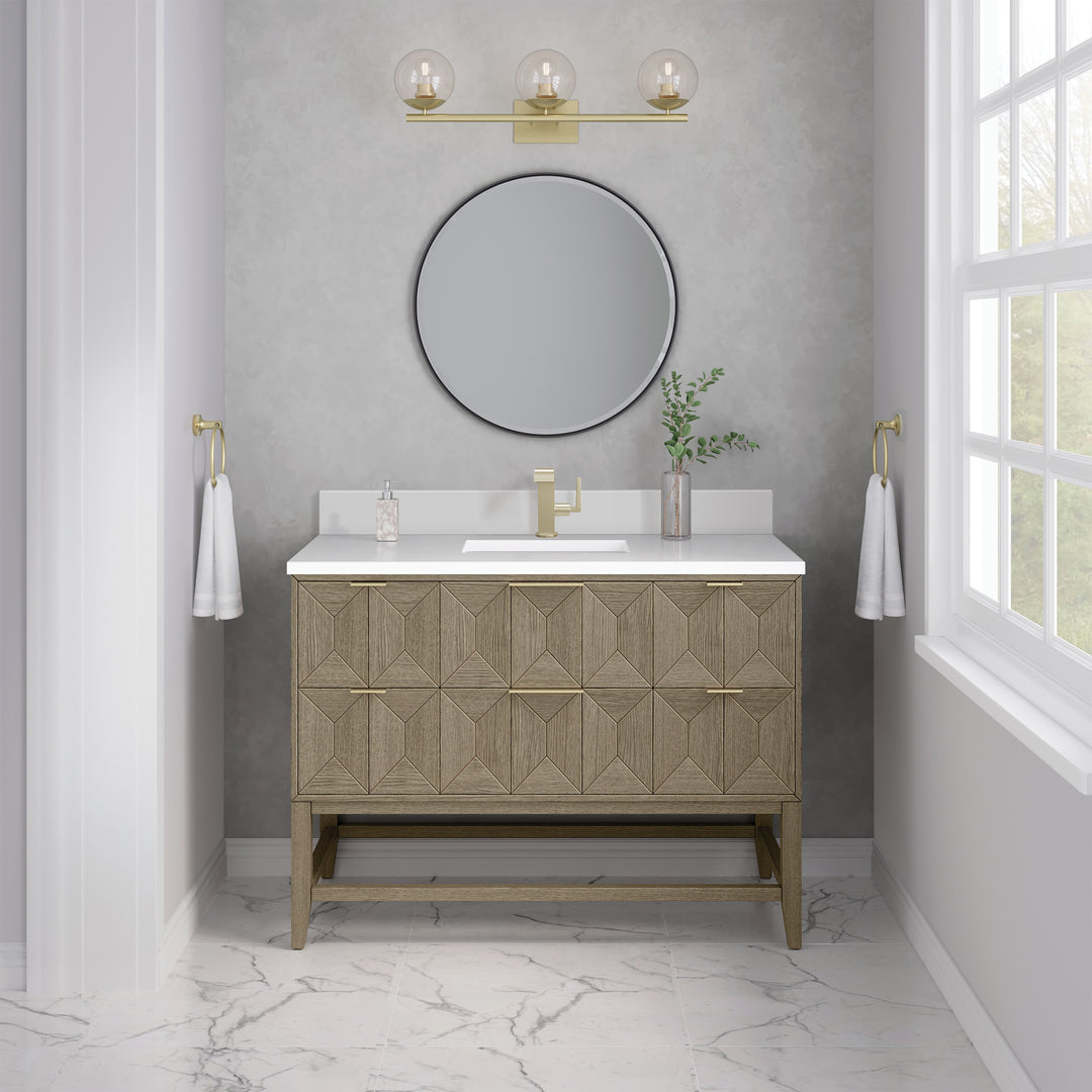 Emmeline 48" Single Vanity, Pebble Oak w/ Single Hole 3 CM White Zeus Silestone Top & Backsplash