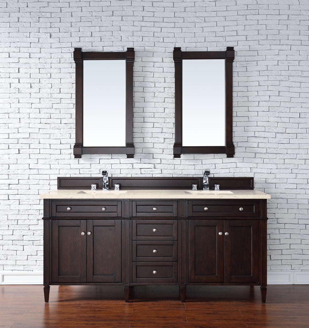 Brittany 72" Double Vanity, Burnished Mahogany w/ 3 CM Eternal Marfil Silestone Top