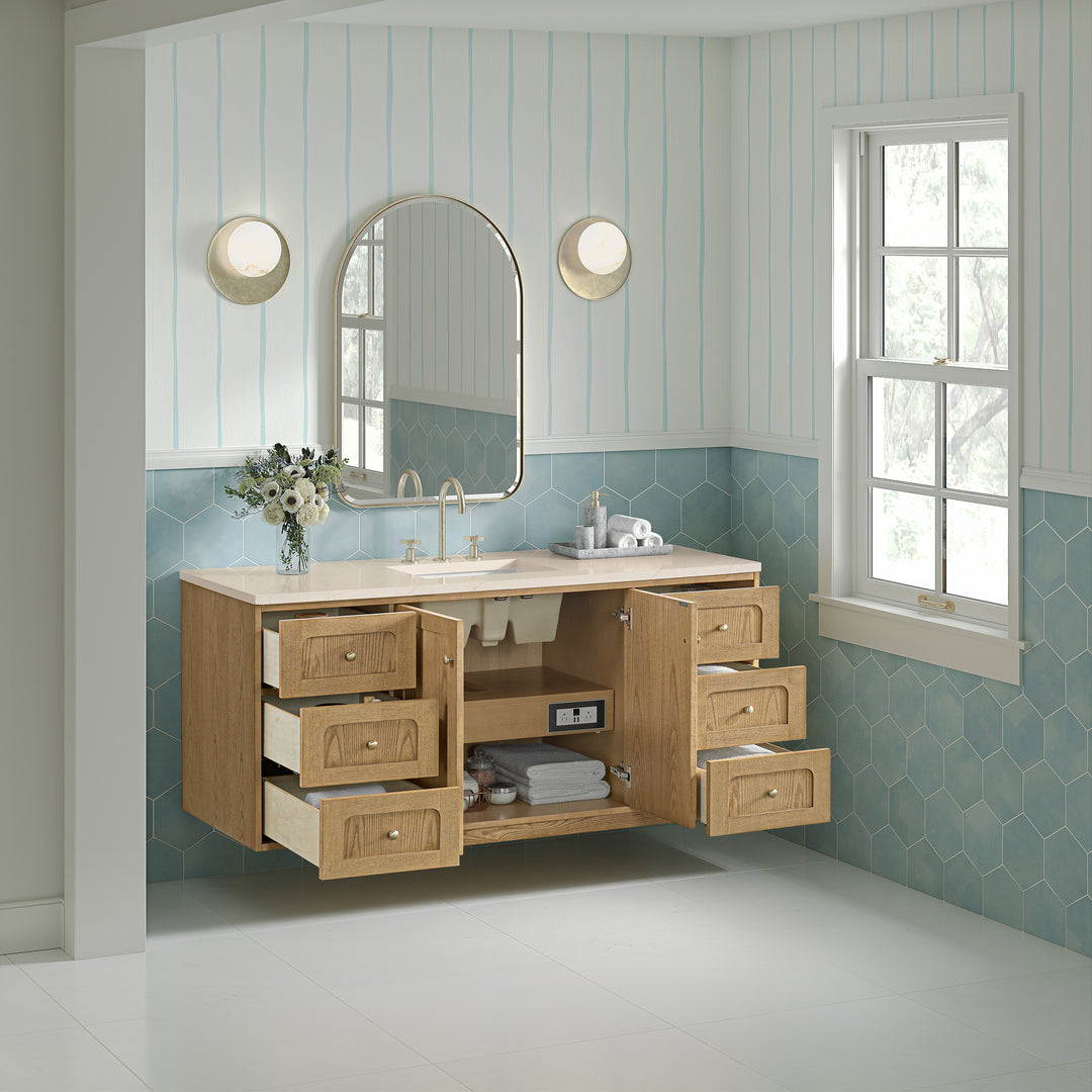 Laurent 60" Single Vanity, Light Natural Oak, w/ 3 CM Eternal Marfil Quartz Top