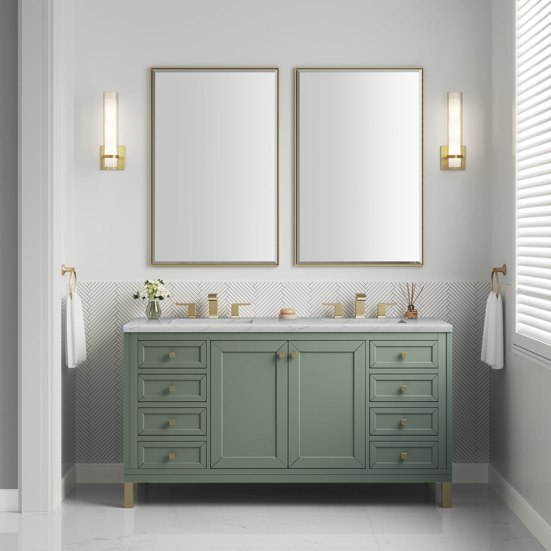 Chicago 60" Double Vanity, Smokey Celadon, w/ 3 CM Ethereal Noctis Silestone® Top