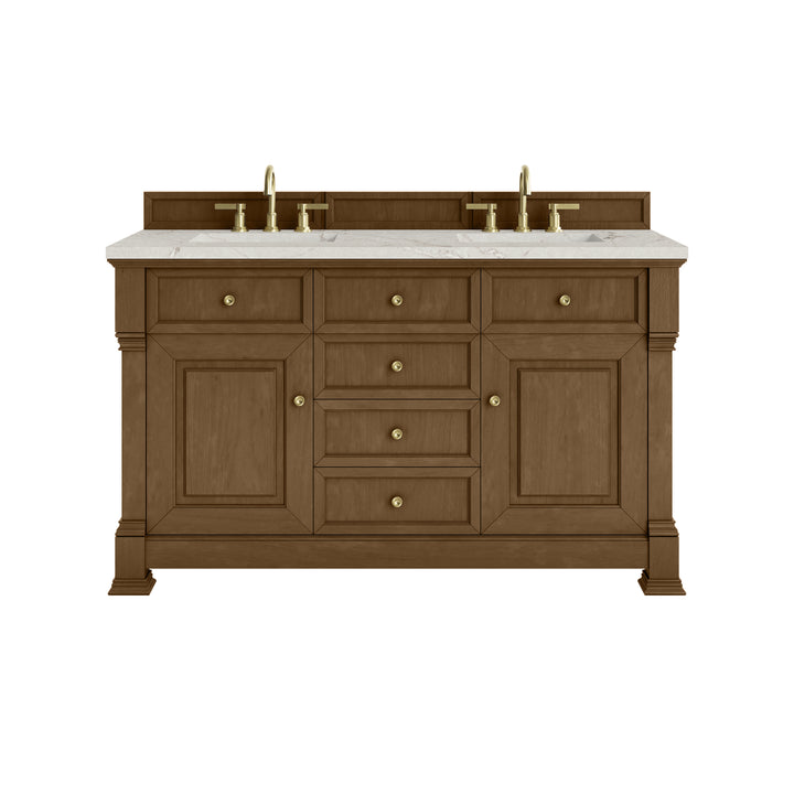 Brookfield 60" Double Vanity, Honey Oak w/ 3 CM Victorian Silver Silestone® Top