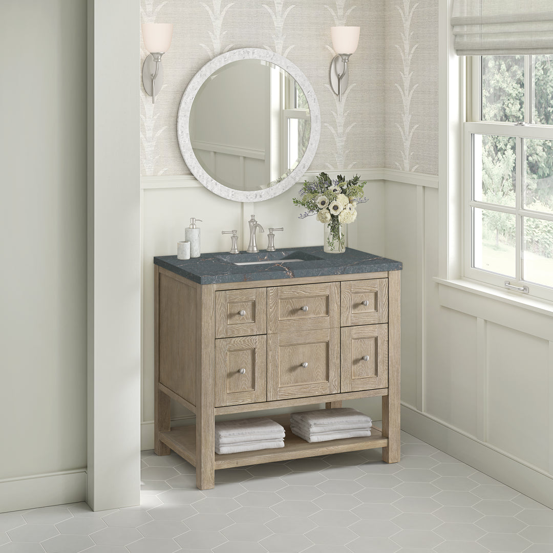 Breckenridge 36" Single Vanity, Whitewashed Oak w/ 3 CM Parisien Bleu Silestone Top