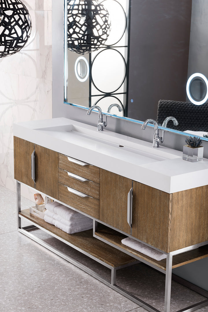 Columbia 72" Double Vanity, Latte Oak, Brushed Nickel w/ Glossy White Composite Stone Top