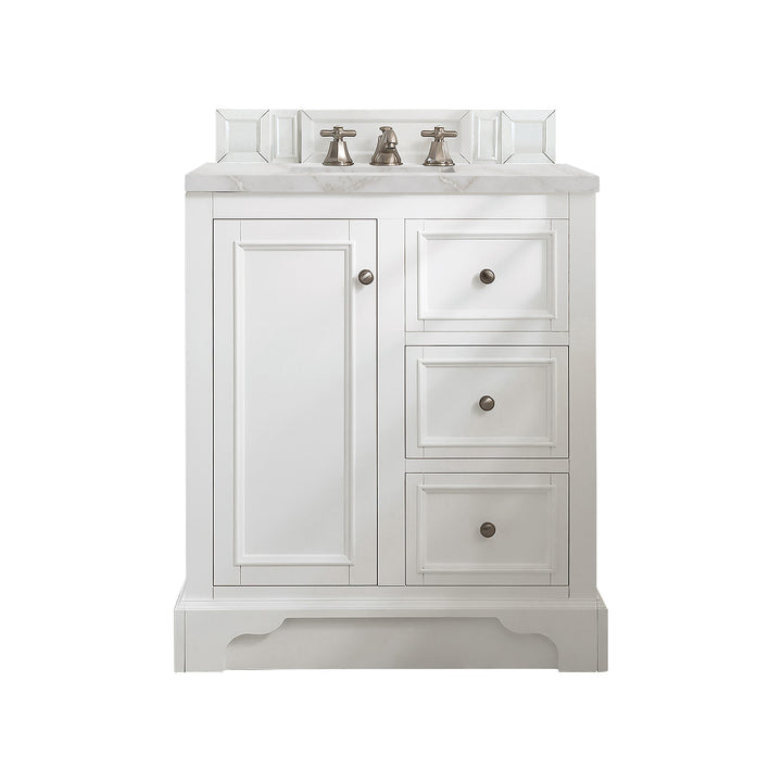 De Soto 30" Single Vanity, Bright White w/ 3 CM Victorian Silver Silestone Top