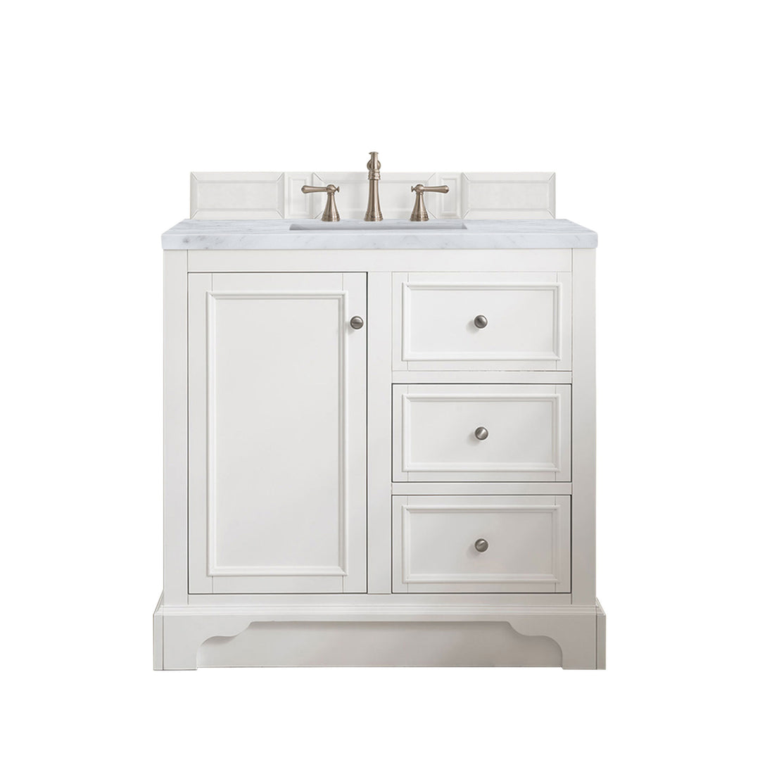 De Soto 36" Single Vanity, Bright White w/ 3 CM Carrara Marble Top