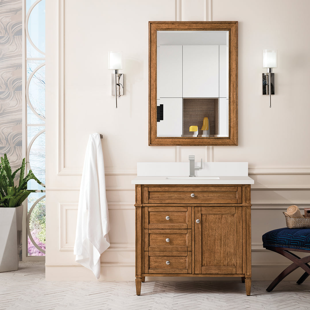 Brittany 36" Single Vanity, Saddle Brown w/ Single Hole 3 CM White Zeus Silestone Top & Backsplash