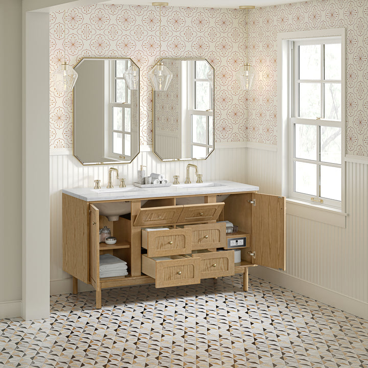 Laurent 60" Double Vanity, Light Natural Oak, w/ 3 CM Arctic Fall Solid Surface Top