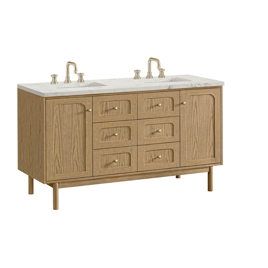 Laurent 60" Double Vanity, Light Natural Oak, w/ 3 CM Victorian Silver Quartz Top