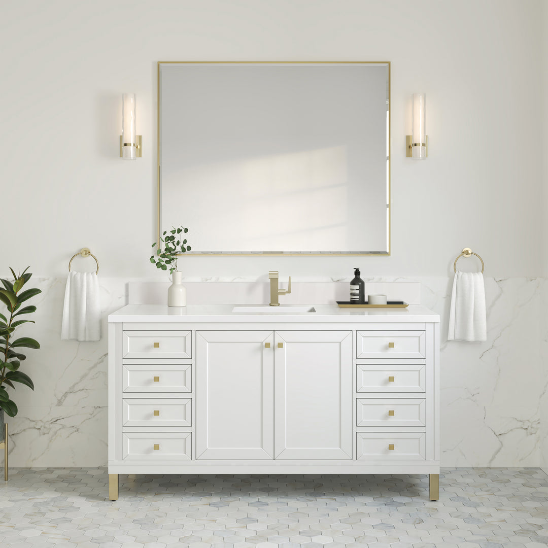 Chicago 60" Single Vanity, Glossy White, w/ Single Hole 3CM White Zeus Silestone® Top & Backsplash