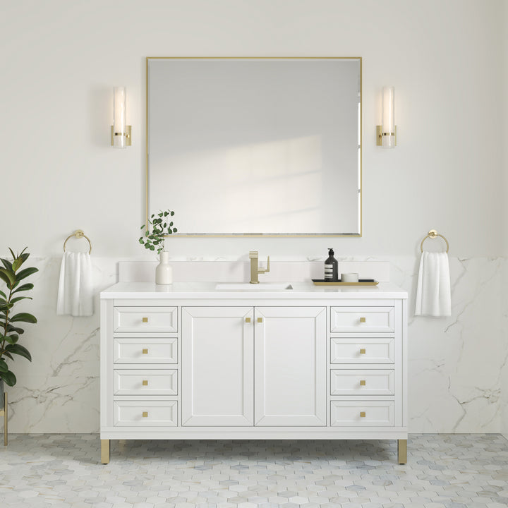 Chicago 60" Single Vanity, Glossy White, w/ Single Hole 3CM White Zeus Silestone® Top & Backsplash