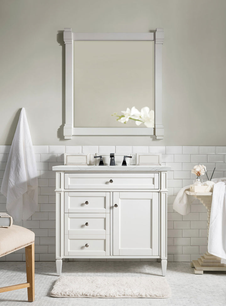 Brittany 36" Single Vanity, Bright White w/ 3 CM Ethereal Noctis Silestone Top
