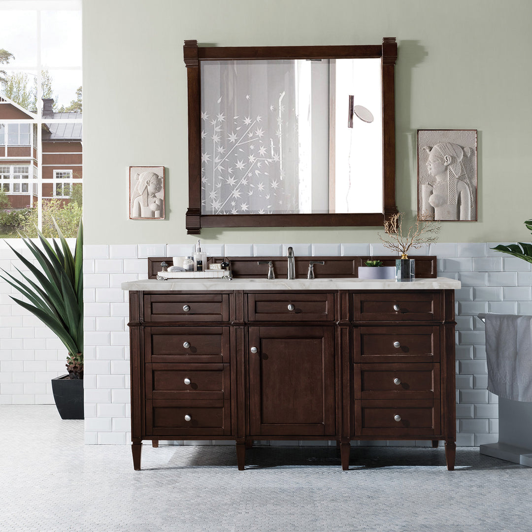 Brittany 60" Single Vanity, Burnished Mahogany w/ 3 CM Victorian Silver Silestone Top w/FreePower Wireless Charger