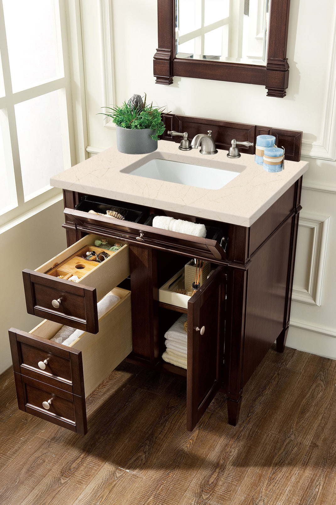 Brittany 30" Single Vanity, Burnished Mahogany, w/ 3 CM Eternal Marfil Silestone Top