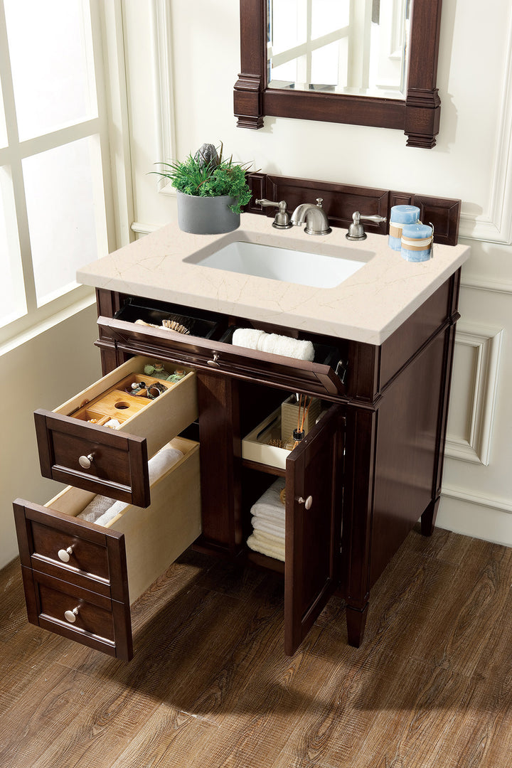 Brittany 30" Single Vanity, Burnished Mahogany, w/ 3 CM Eternal Marfil Silestone Top