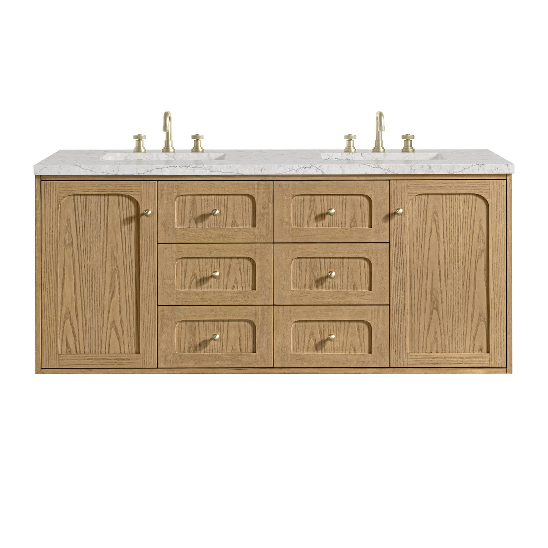 Laurent 60" Double Vanity, Light Natural Oak, w/ 3 CM Eternal Jasmine Pearl Quartz Top w/FreePower Wireless Charger