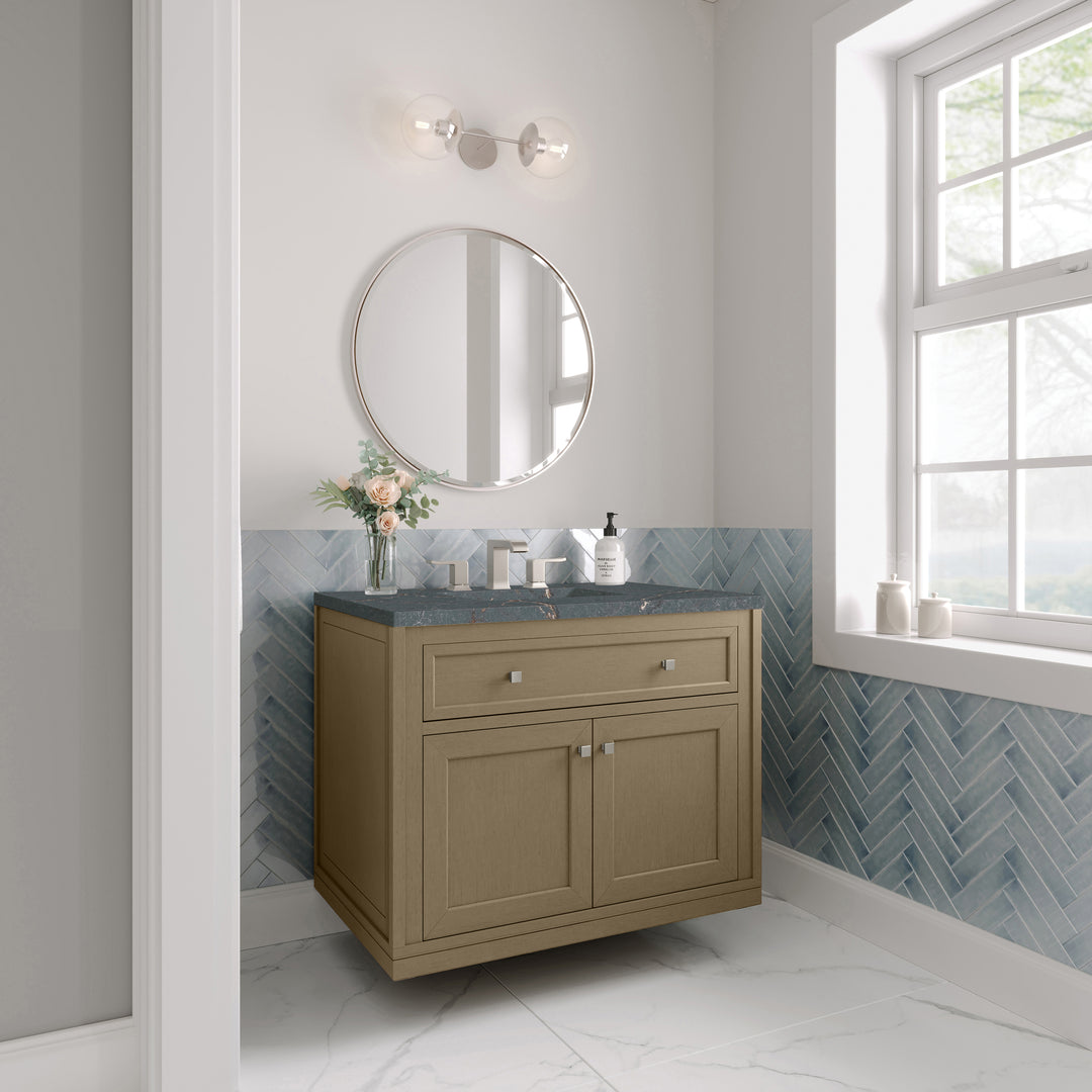 Chicago 36" Single Vanity, Walnut Whisper, w/ 3 CM Parisien Bleu Silestone® Top