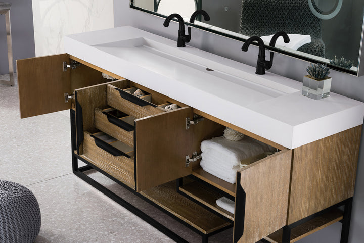 Columbia 72" Double Vanity, Latte Oak, Matte Black w/ Glossy White Composite Stone Top