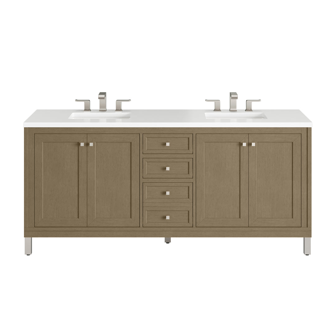 Chicago 72" Double Vanity, Walnut Whisper, w/ 3 CM White Zeus Silestone® Top