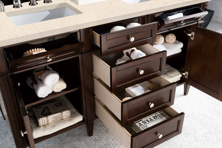 Brittany 60" Double Vanity, Burnished Mahogany w/ 3 CM Eternal Marfil Silestone Top