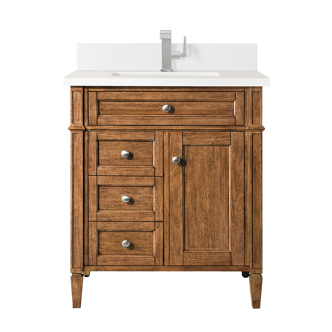 Brittany 30" Single Vanity, Saddle Brown, w/ Single Hole 3 CM White Zeus Silestone Top & Backsplash