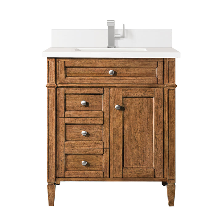 Brittany 30" Single Vanity, Saddle Brown, w/ Single Hole 3 CM White Zeus Silestone Top & Backsplash