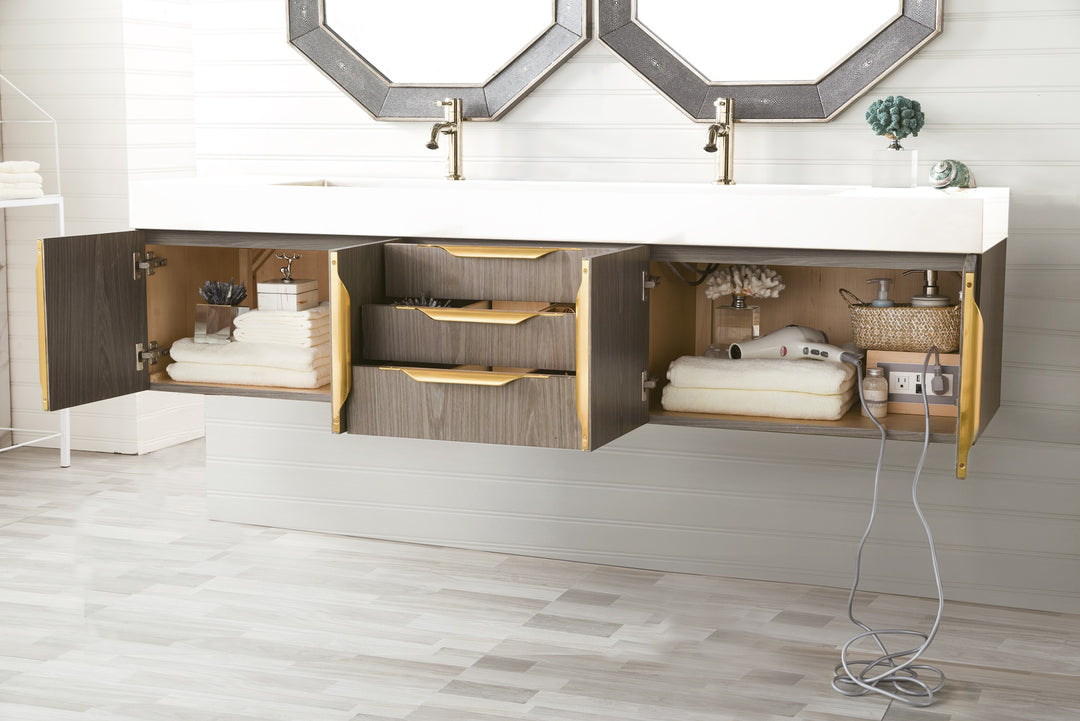 Columbia 72" Double Wall Mount Vanity, Ash Gray, Radiant Gold w/ Glossy White Composite Stone Top