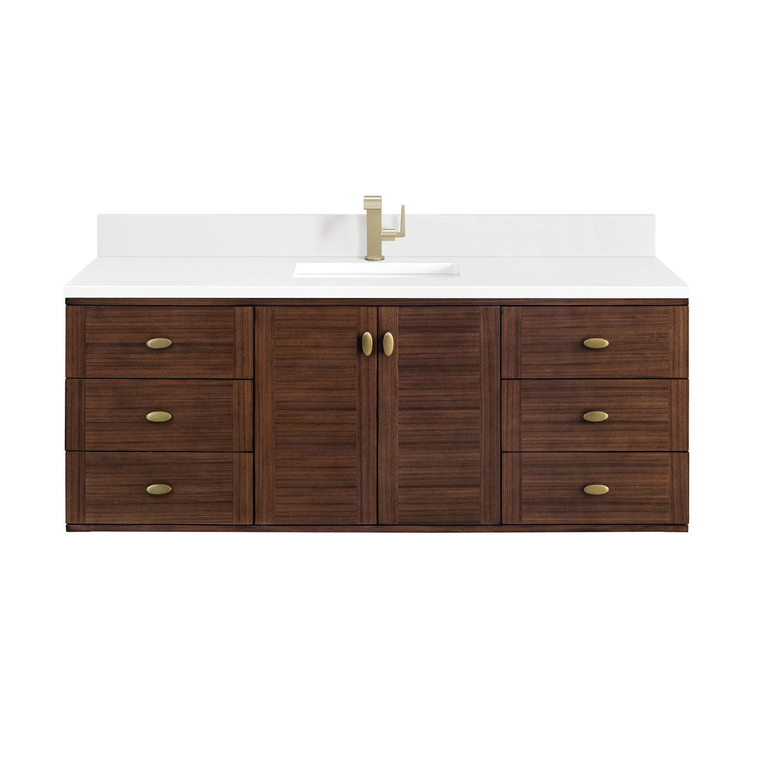 Amberly 60" Single Vanity, Mid-Century Walnut w/ Single Hole 3 CM White Zeus Top & Backsplash