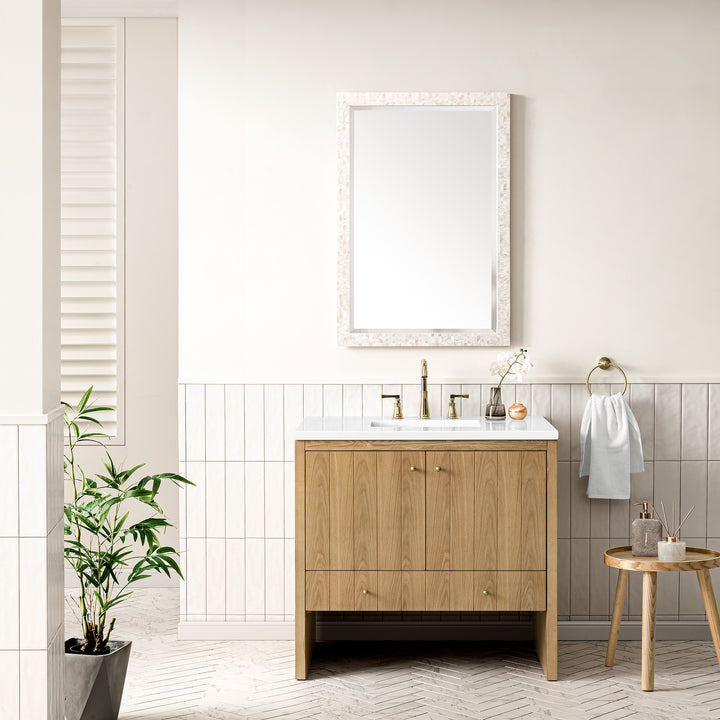 Hudson 36" Single Vanity, Light Natural Oak w/ 3 CM White Zeus Top