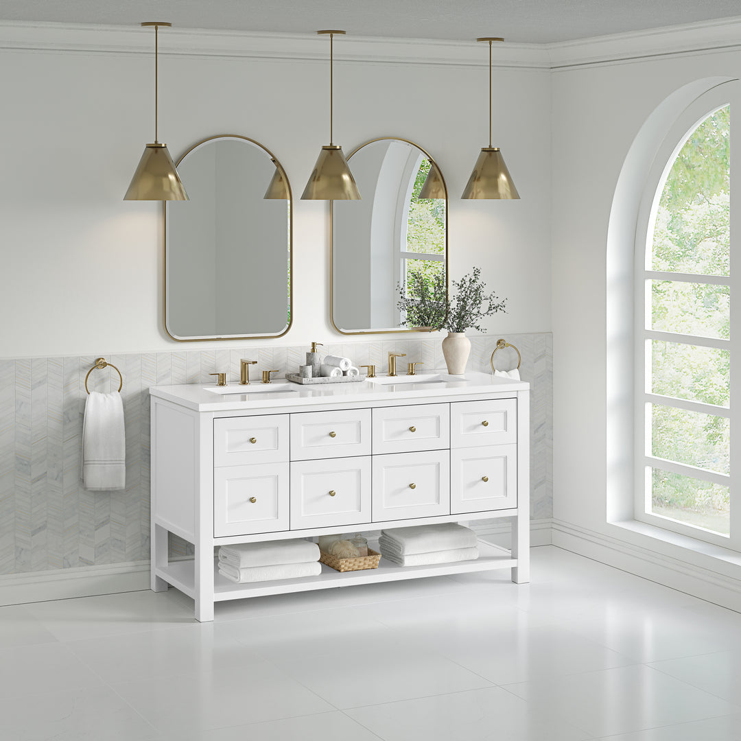 Breckenridge 60" Double Vanity, Bright White, w/ 3 CM White Zeus Quartz Top