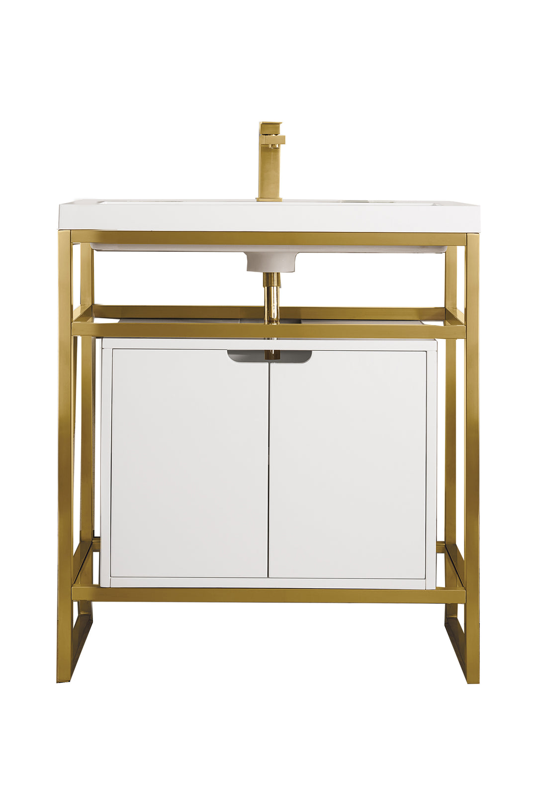Boston 31.5" Single Console Vanity, Radiant Gold, Glossy White Storage, White Glossy Composite Stone
