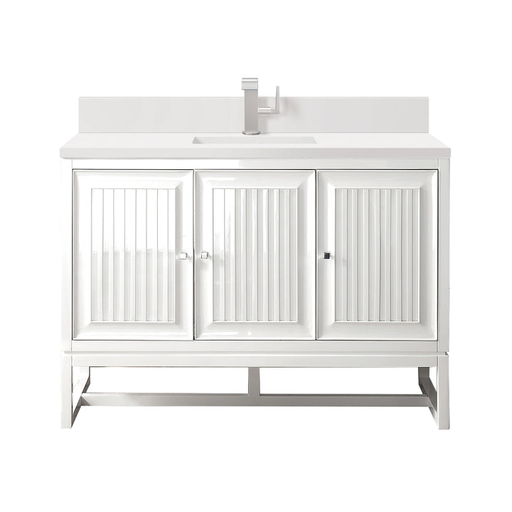 Athens 48" Single Vanity, Glossy White w/ Single Hole 3 CM White Zeus Silestone Top & Backsplash