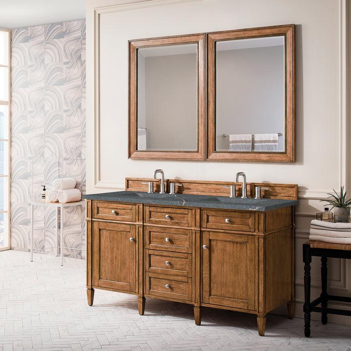 Brittany 60" Double Vanity, Saddle Brown w/ 3 CM Parisien Bleu Silestone Top